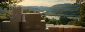 A stack of sturdy cardboard boxes with the picturesque hudson valley landscape in the background, ready for a seamless and stress-free move.