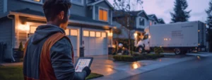 A moving truck parked in front of a suburban home, with a moving company employee holding a tablet, calculating an instant local moving estimate.