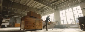 A sturdy wooden dresser being carefully lifted by two movers in a spacious, well-lit room.