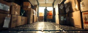 a professional moving specialist neatly arranging carefully labeled boxes inside a moving truck.