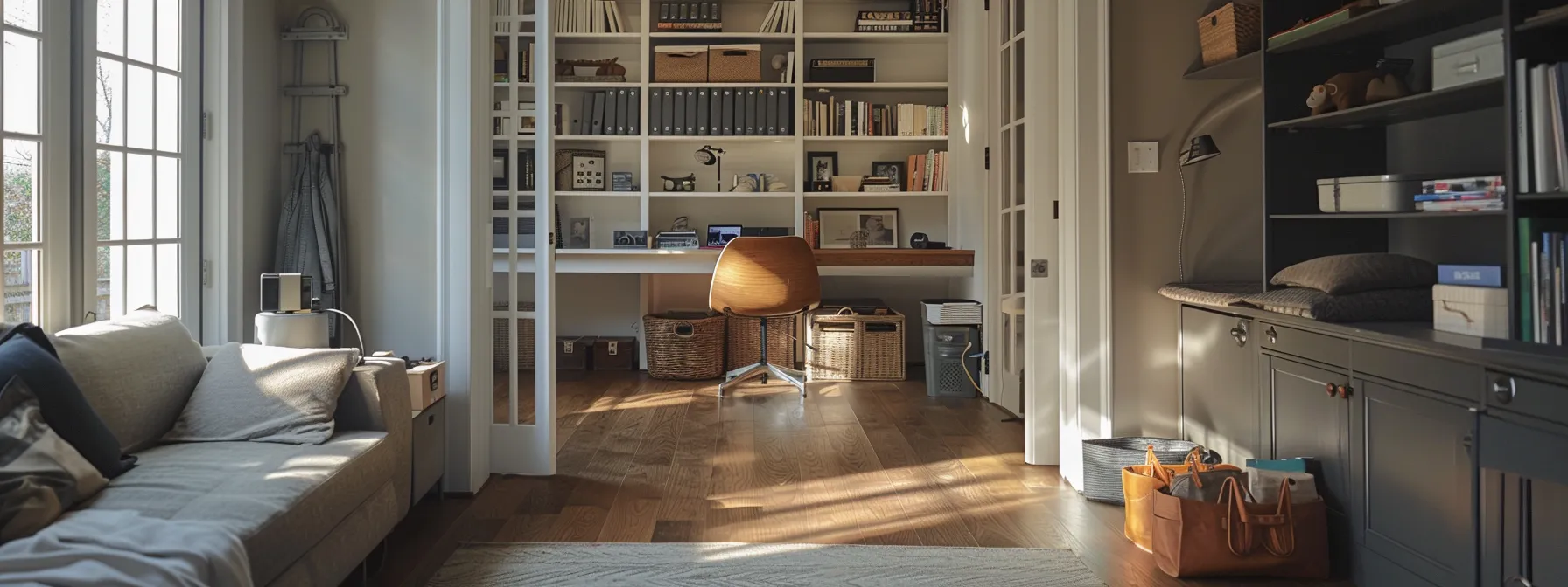 Organized Hudson Valley home with built-in shelving and workspace, moving and storage solutions.
