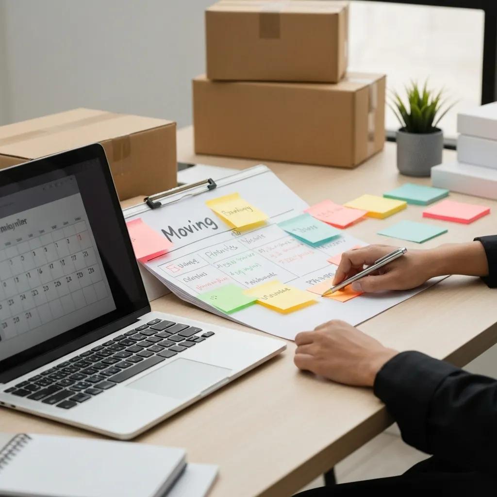 Workspace with a moving timeline on a whiteboard and packing supplies