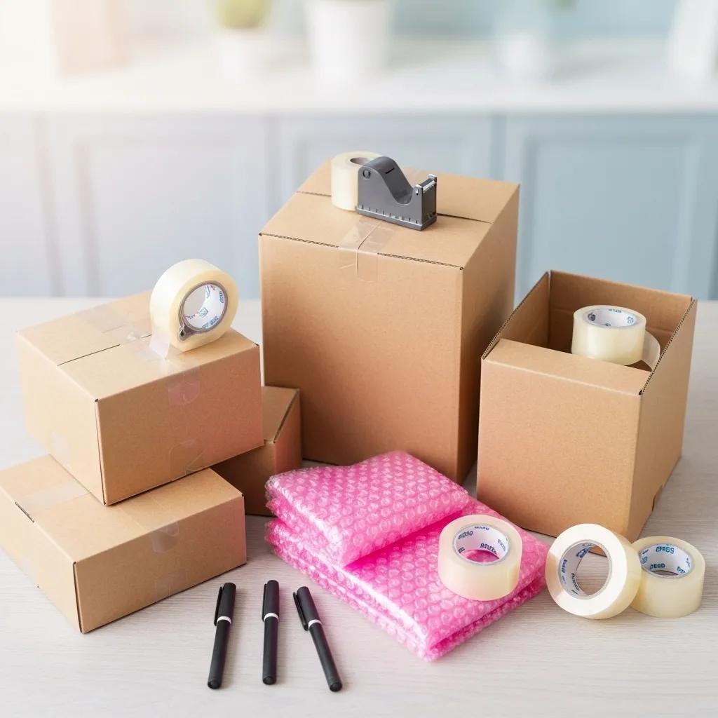 A collection of essential packing supplies, including various boxes, packing tape, and bubble wrap, neatly arranged on a table