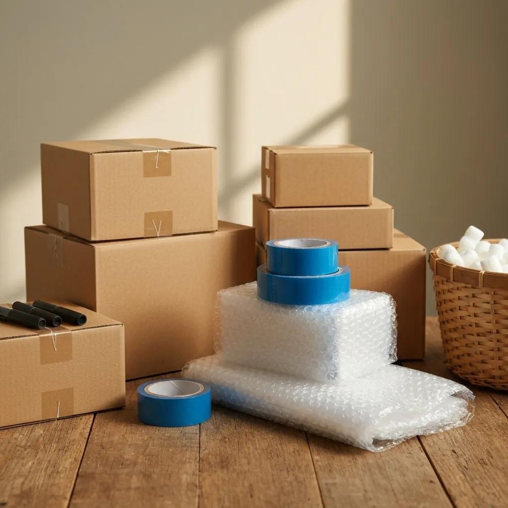 Essential packing supplies for an interstate move including boxes and bubble wrap