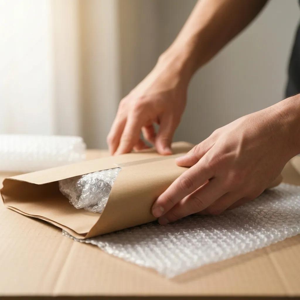 Close-up of hands carefully wrapping delicate glassware in packing paper and bubble wrap for a move