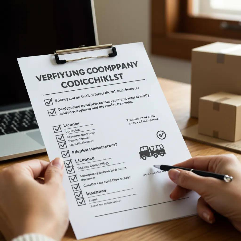 Checklist for verifying moving company credentials, including licensing and insurance, with a laptop and moving boxes in the background.