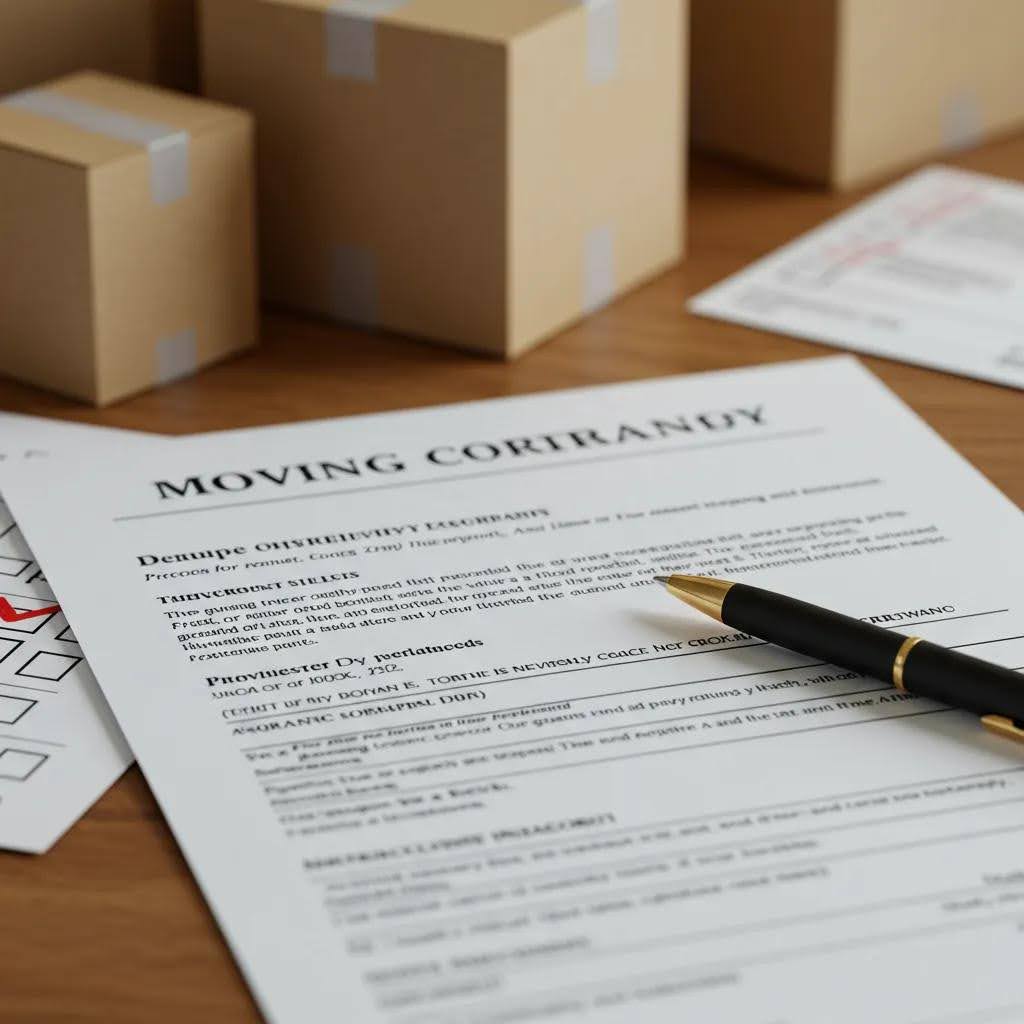 Moving contract document with checklist, pen, and cardboard boxes, emphasizing the importance of licensing and insurance for movers in Kingston.