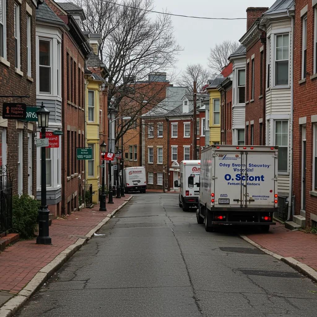 Narrow Kingston street with parked moving trucks, historic brick buildings, and lampposts, illustrating local moving logistics and access challenges for busy professionals.