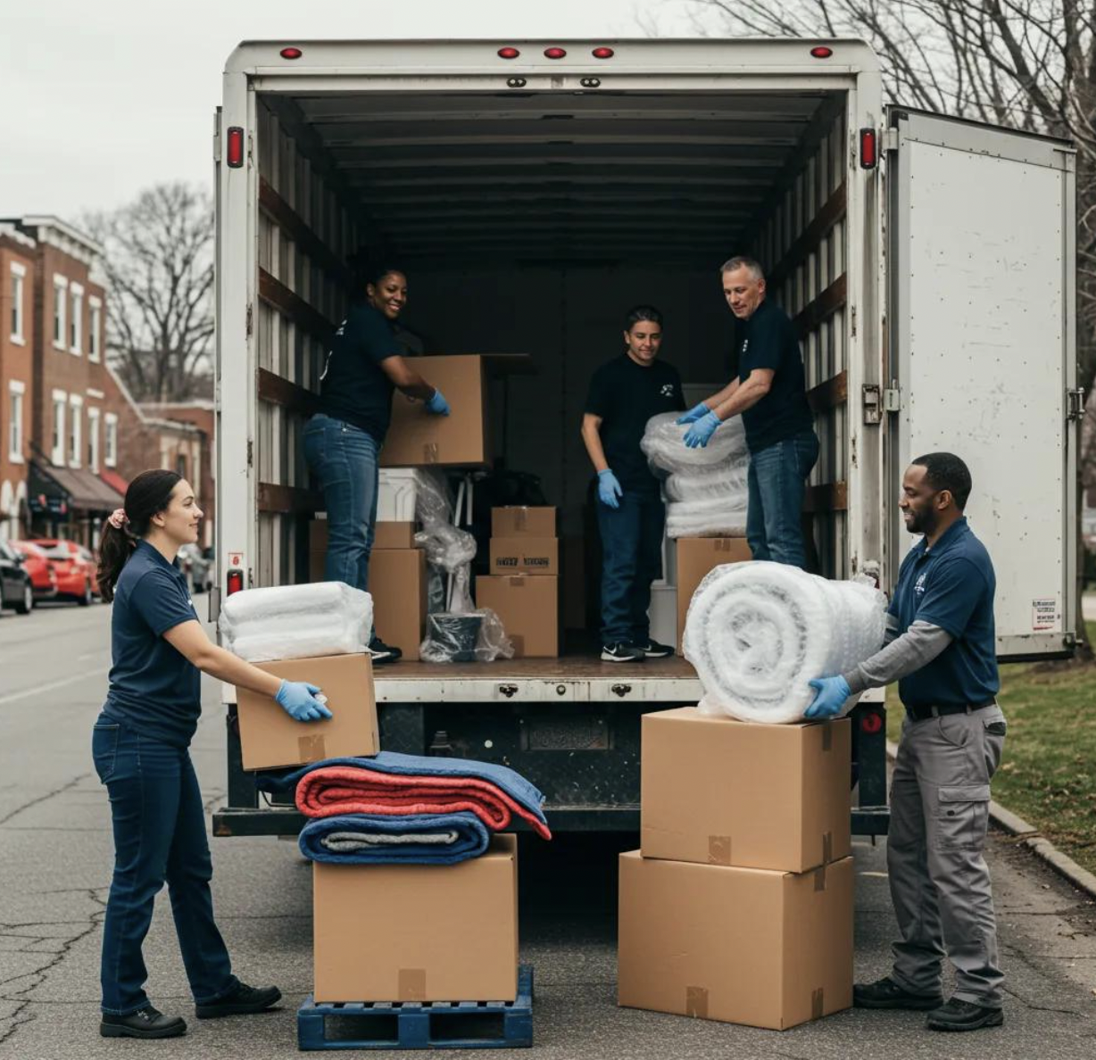 Team of movers loading boxes and blankets into a moving truck, demonstrating full-service moving in Kingston, NY.