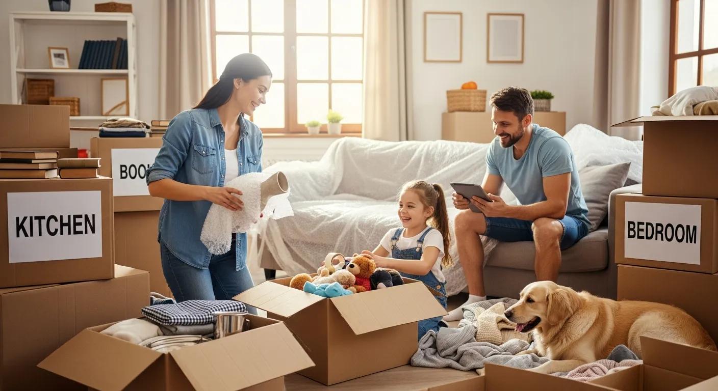 Family packing for a long distance move, showcasing excitement and organization
