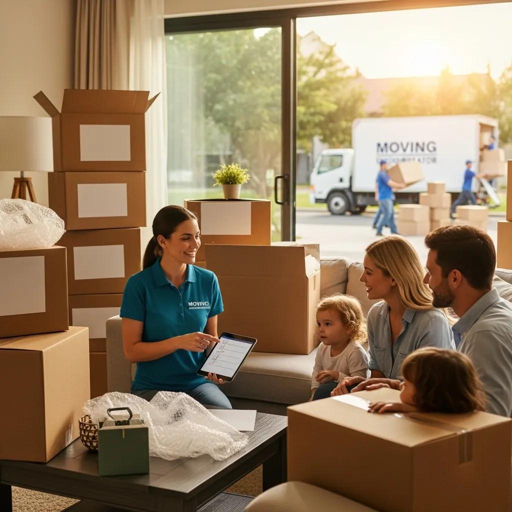 Moving coordinator discussing relocation plans with a family in their home, surrounded by packing materials and moving boxes, emphasizing professional moving services and logistics.
