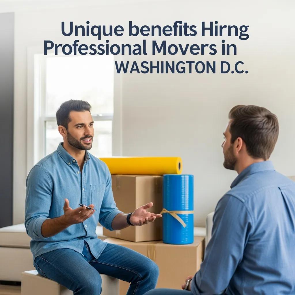 Professional mover explaining unique benefits of hiring movers in Washington D.C., discussing services with client, surrounded by moving supplies and boxes.