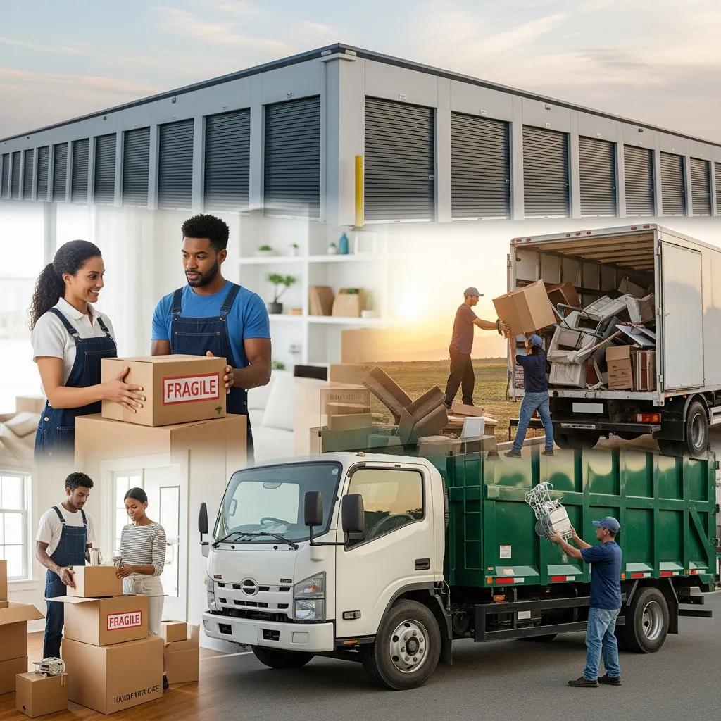 Moving team packing boxes labeled "FRAGILE," junk removal truck, storage facility, and individuals unloading items, illustrating ancillary moving services.