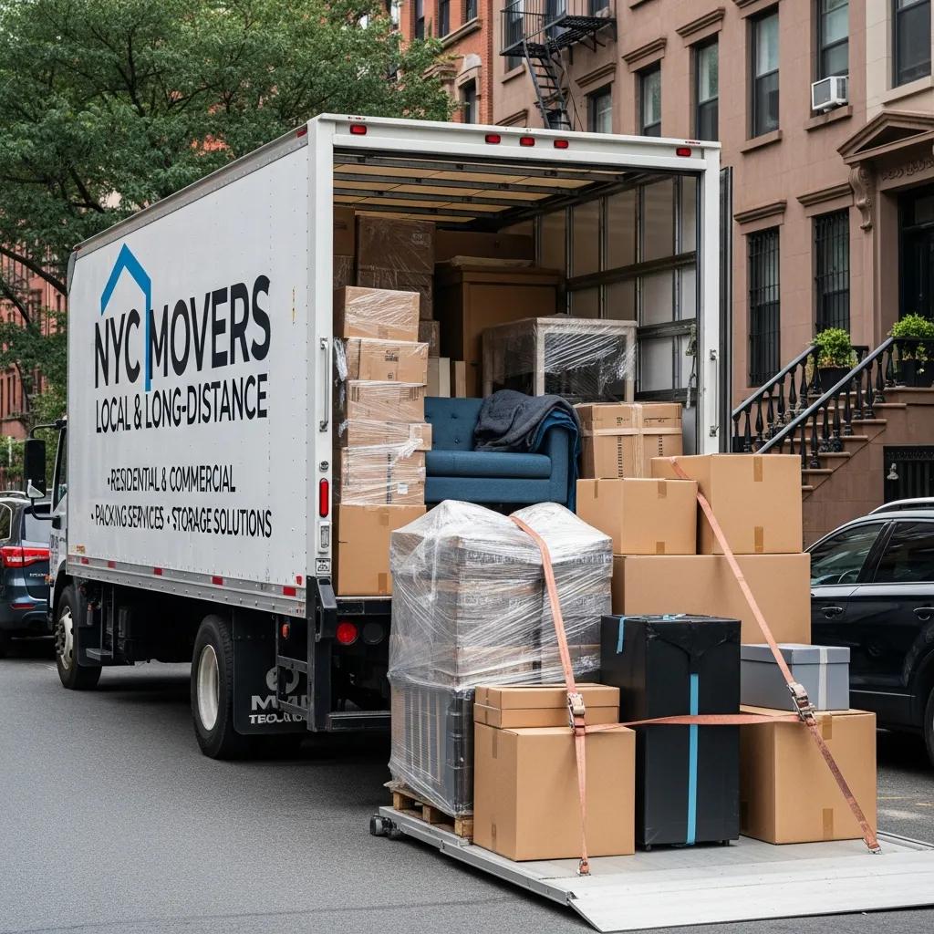 A moving truck filled with packed boxes in front of a New York City residential building, showcasing local moving services