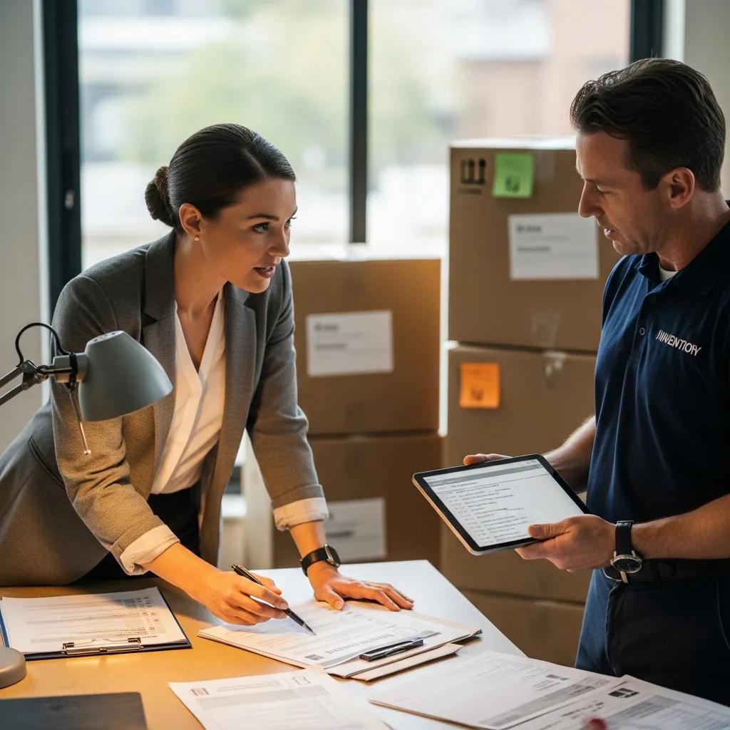 Business professionals discussing moving logistics with checklists and documents in an office setting, surrounded by moving boxes.