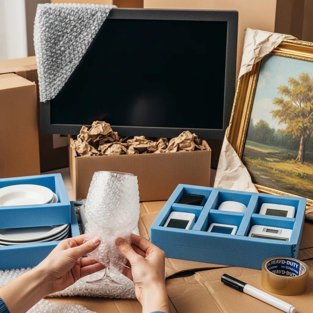 Close-up of hands carefully wrapping a glass in bubble wrap among packed fragile items, including a monitor, plates, and a framed artwork, illustrating effective packing strategies for moving.