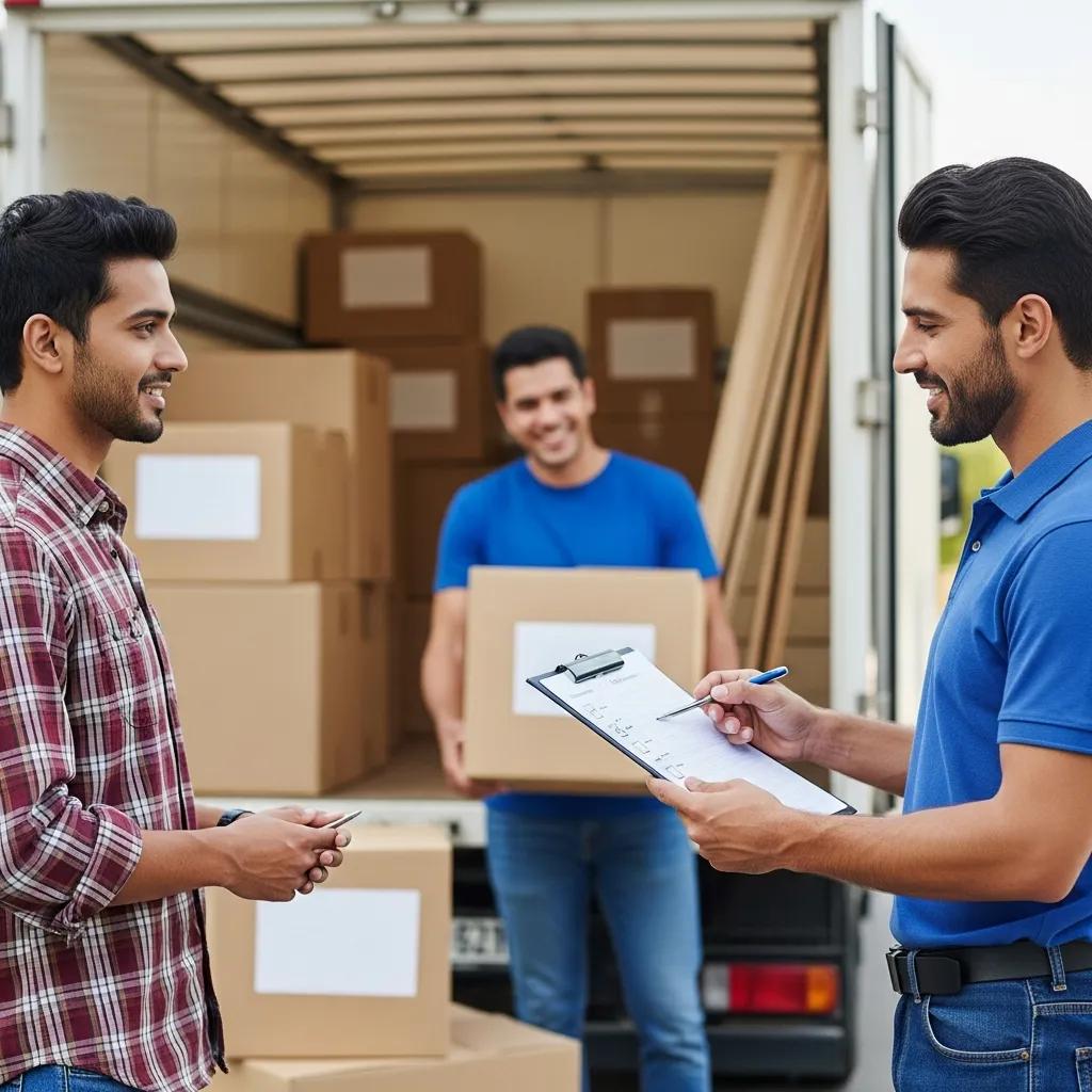 Customer and moving crew member reviewing a moving day checklist, illustrating a stress-free relocation process
