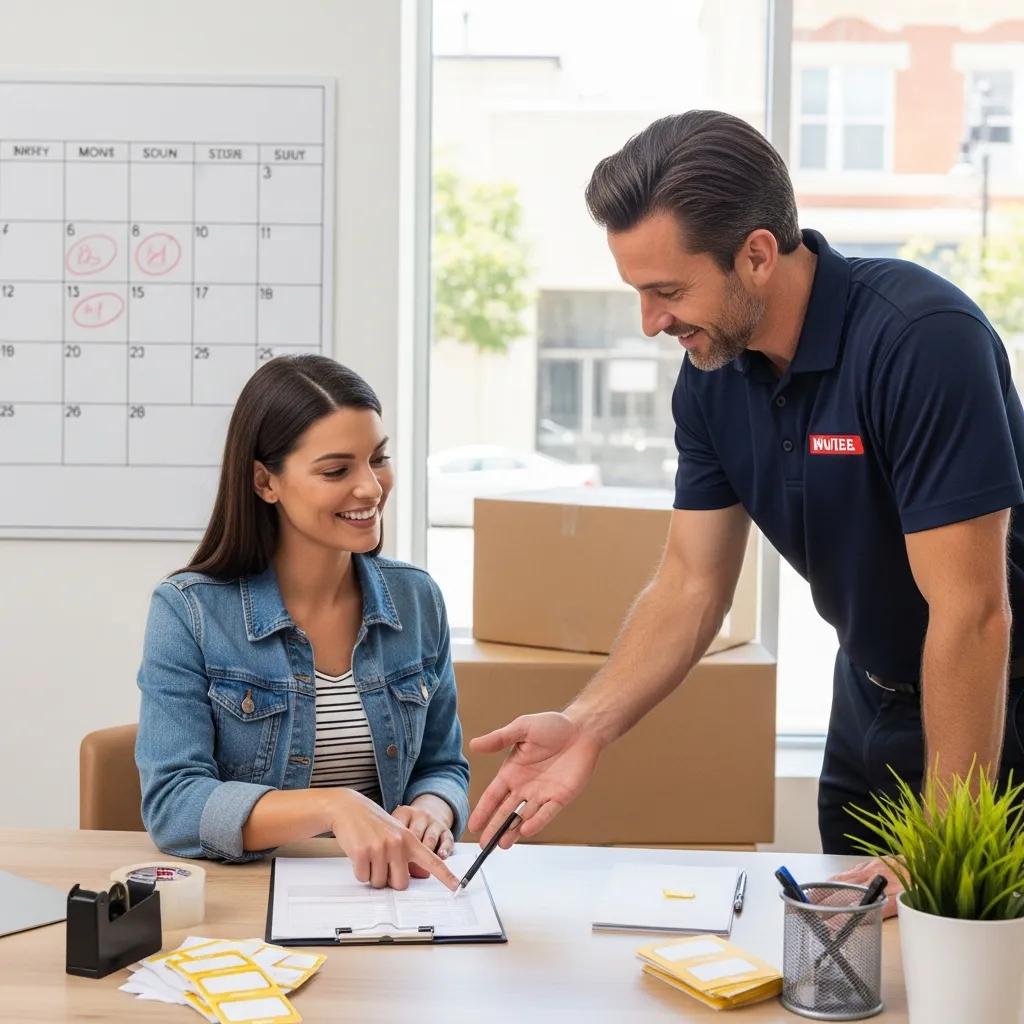 Customer discussing moving quotes with a professional mover in an office, highlighting the best price guarantee and services offered by Your Hometown Mover.