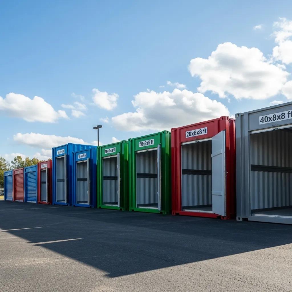 Different sizes of portable storage containers displayed outdoors, illustrating options available for rental