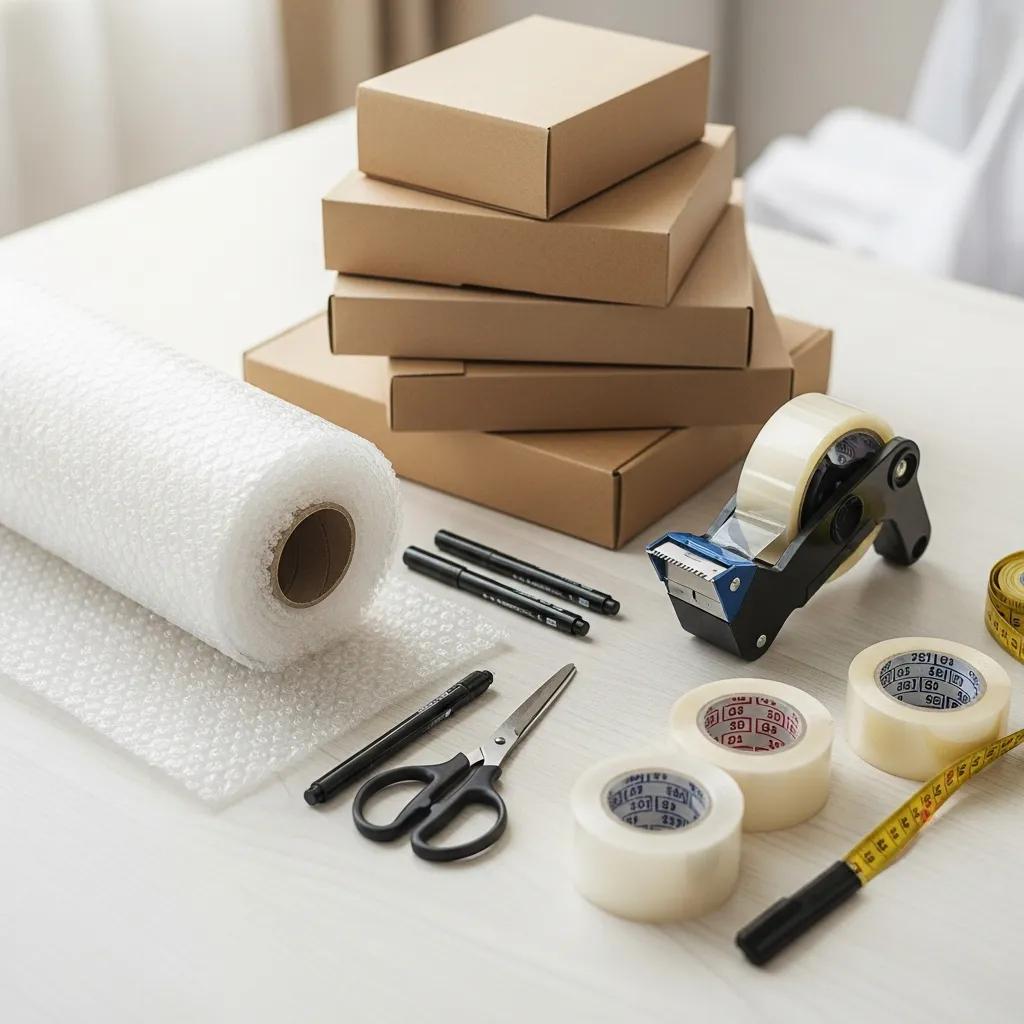 Packing supplies including brown boxes, bubble wrap, packing tape, scissors, and markers on a table, essential for efficient moving and organization.