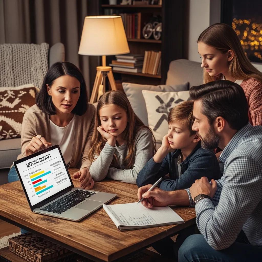 Family discussing moving budget and financing options in a cozy living room setting