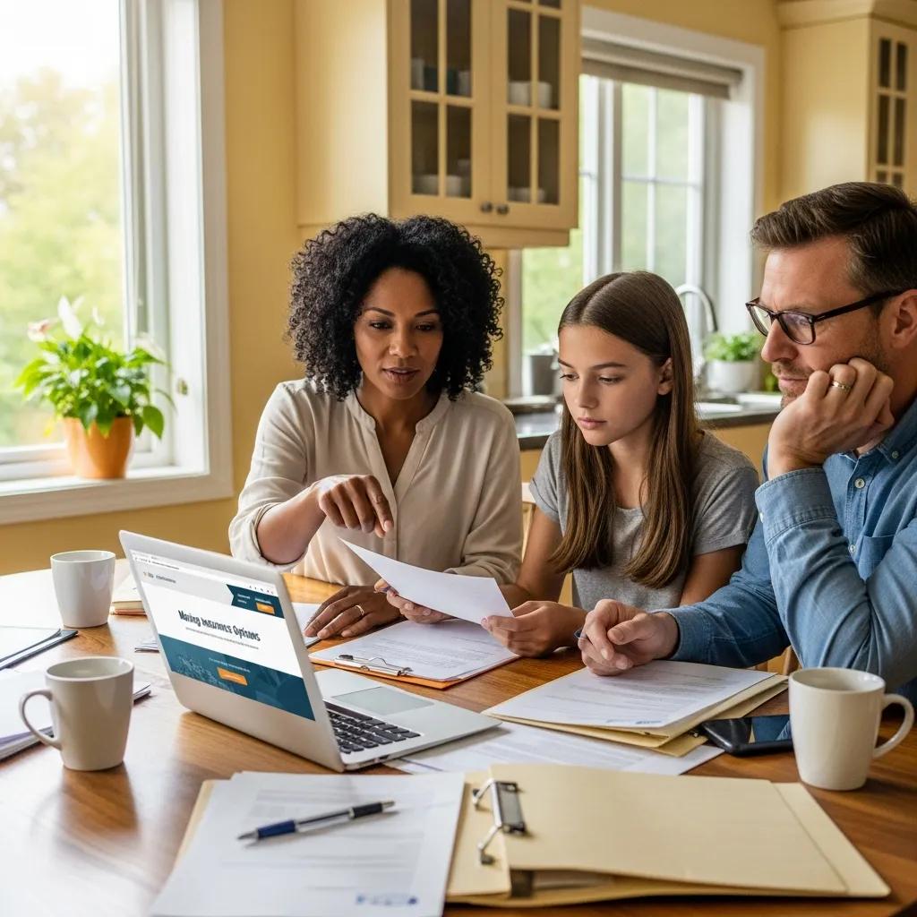 Family discussing moving insurance options at a kitchen table, reviewing documents and laptop screen displaying "Moving Insurance Options," emphasizing informed decision-making for a successful move.