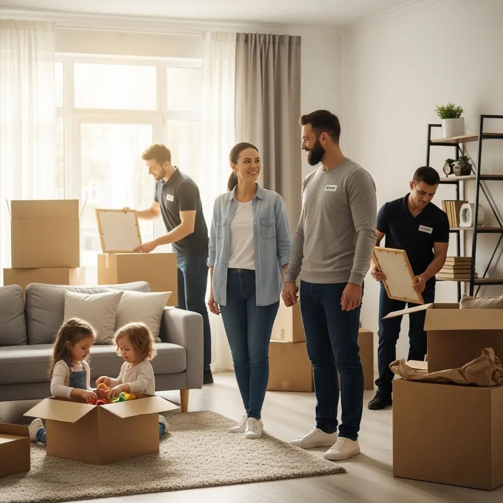 Family enjoying their new home with professional movers unpacking boxes, showcasing teamwork and efficient moving services in a bright living room setting.