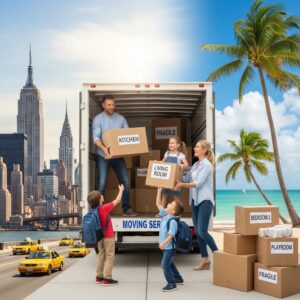 Family packing for a long distance move from New York to Florida, showcasing excitement and preparation