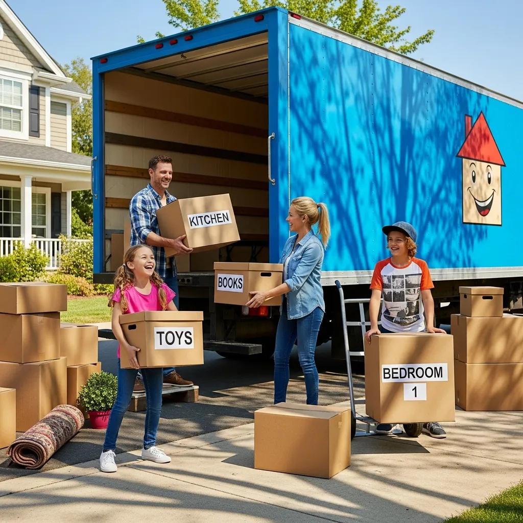 Family packing boxes labeled "Kitchen," "Books," "Toys," and "Bedroom 1" for a long-distance move with a moving truck in a sunny residential setting.