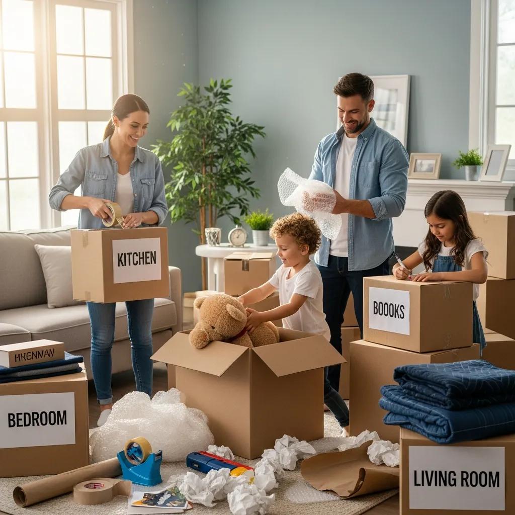 Family packing boxes labeled "Kitchen," "Books," "Bedroom," and "Living Room" in a bright living room, preparing for a move with packing supplies and a teddy bear.