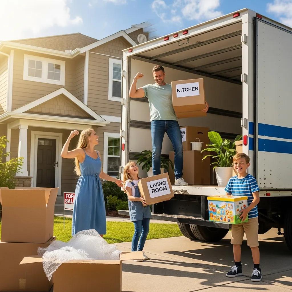 Family packing for an interstate move, showcasing excitement and teamwork