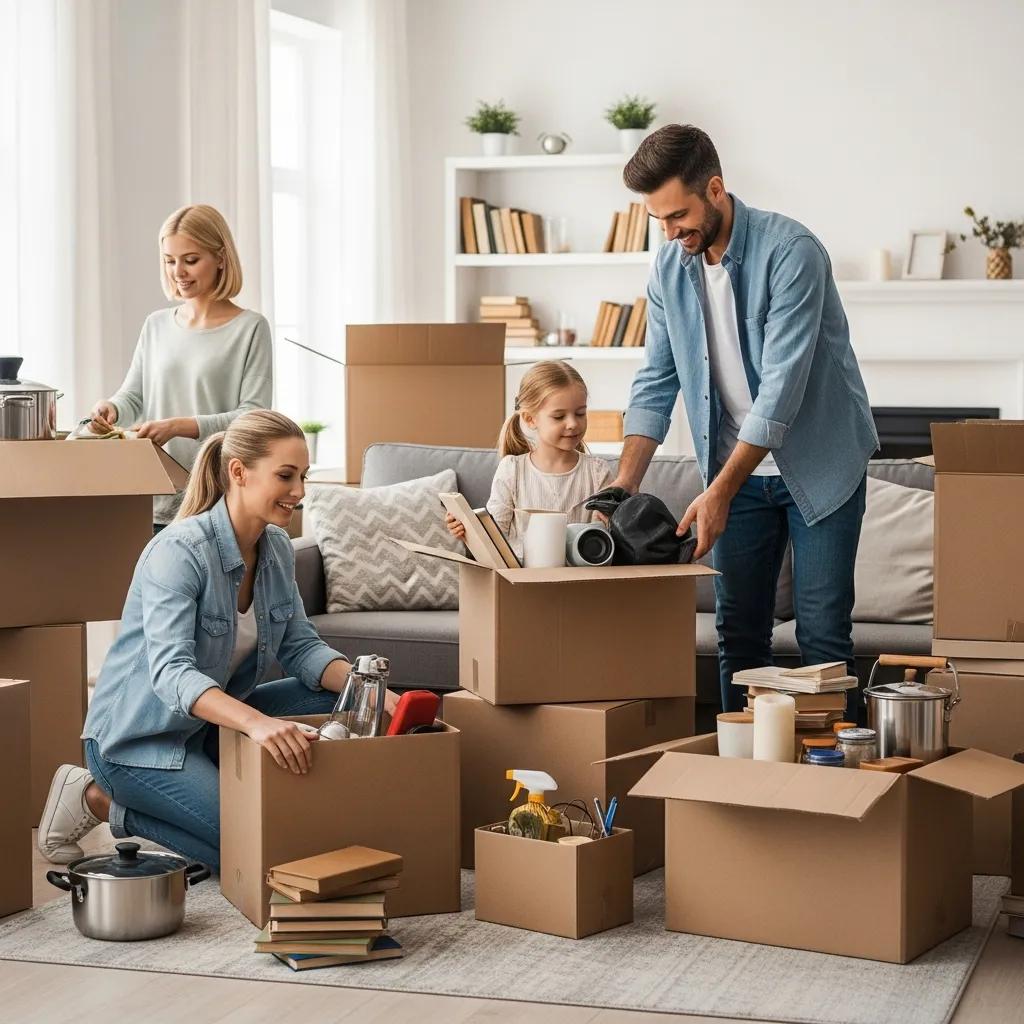 Family packing moving boxes in a cozy living room, showcasing efficient packing strategies