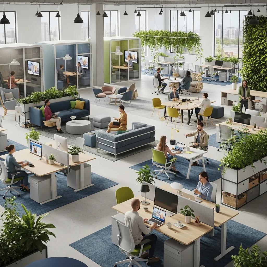 Flexible office design featuring collaborative workspaces, greenery, and modular furniture for hybrid work environments, showcasing diverse seating areas and workstations.