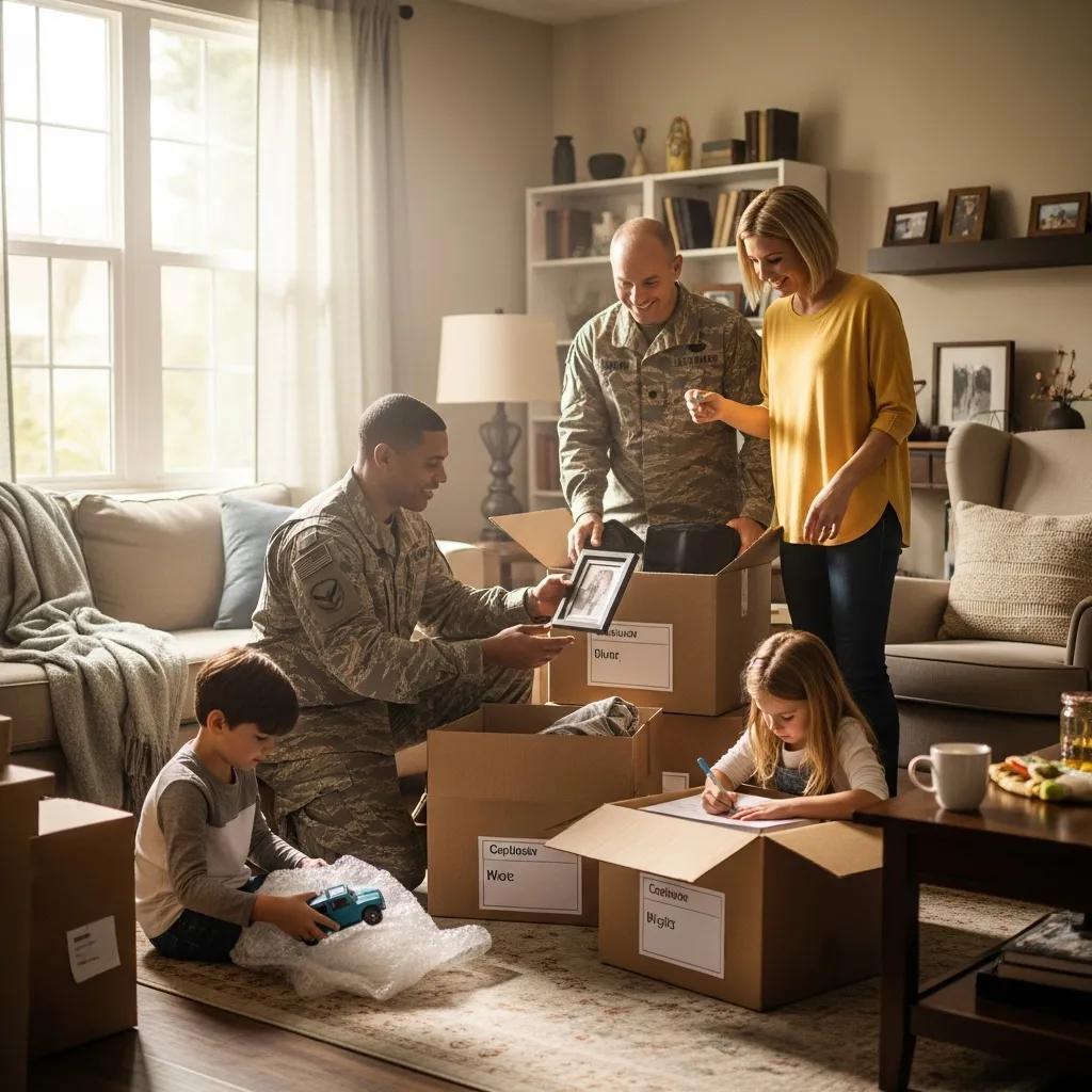 Military family preparing for a move with organized packing in a cozy living room