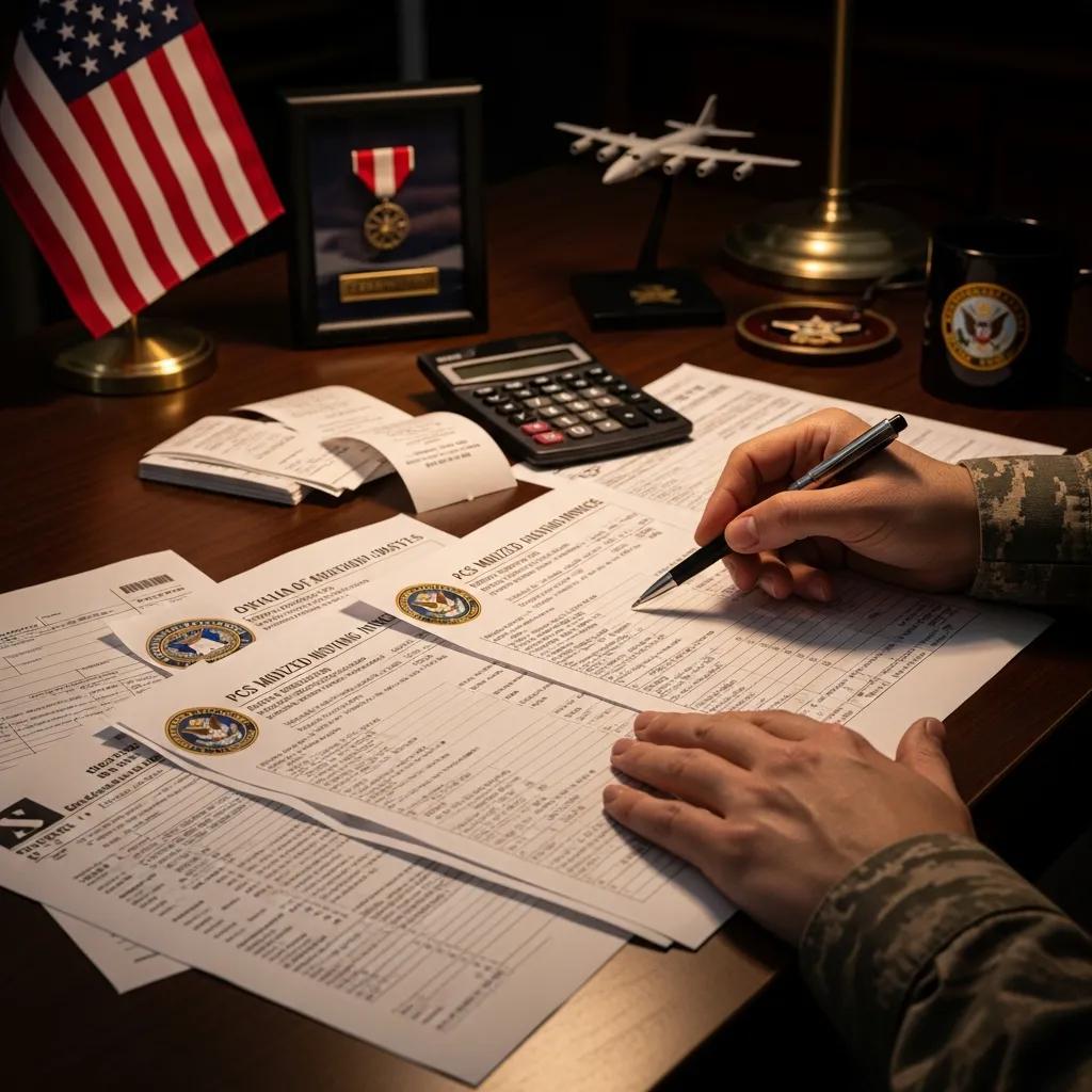Military service member reviewing PCS orders and moving invoices for tax deductions
