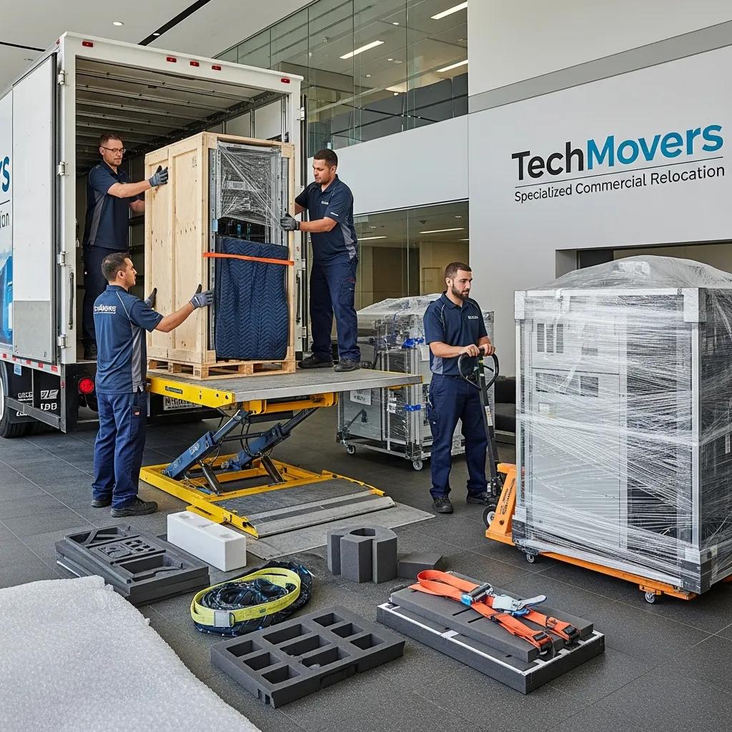Movers handling sensitive IT equipment and machinery with protective packing materials during a commercial relocation, featuring custom crates, anti-static packing, and specialized tools in a professional setting.