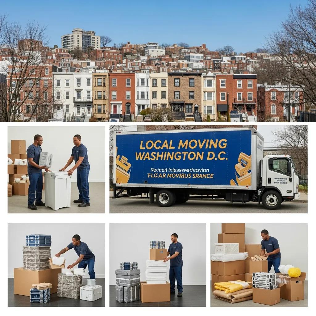 Local moving services in Washington D.C. with professional movers packing and loading items, featuring a moving truck displaying "LOCAL MOVING WASHINGTON D.C." and various packing materials.