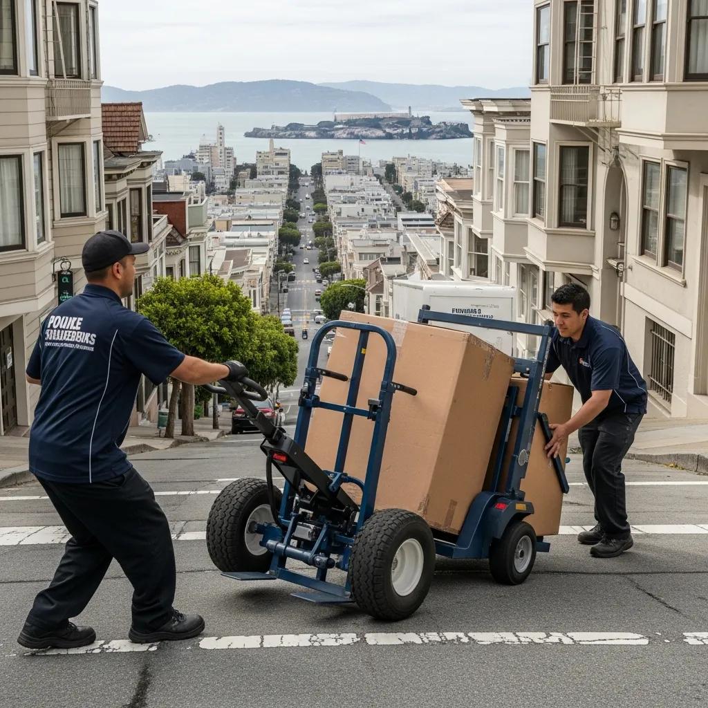 Moving crew navigating a steep San Francisco street, showcasing local expertise and specialized equipment