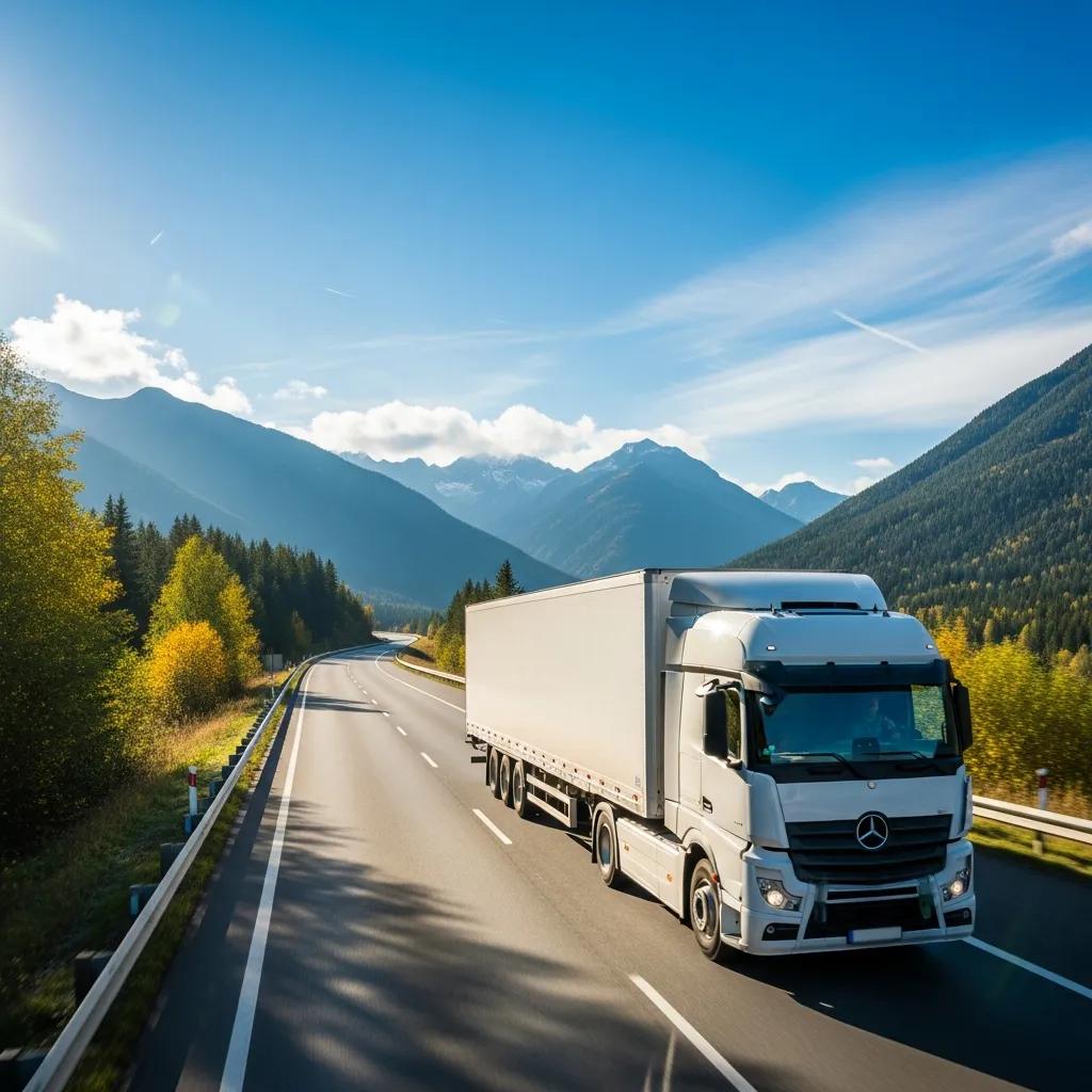 Moving truck on a highway surrounded by scenic mountains and trees, illustrating long-distance relocation services offered by Your Hometown Mover.