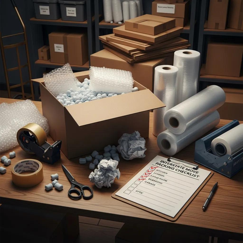 Organized packing area with boxes, bubble wrap, packing materials, tape, scissors, and an interstate move packing checklist for effective long-distance moving strategies.