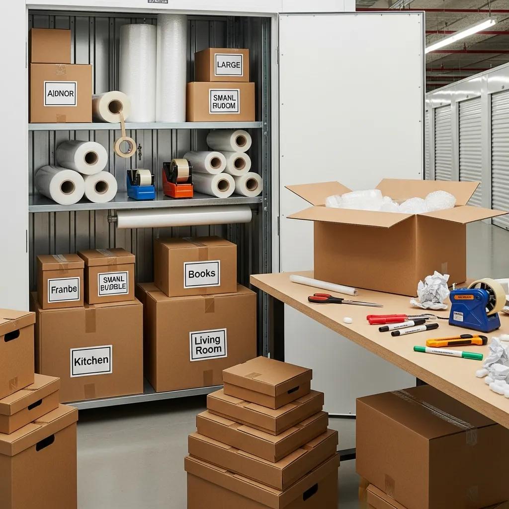 Organized packing materials and storage solutions, including labeled boxes for various rooms like Kitchen and Living Room, rolls of bubble wrap, tape dispensers, and packing supplies, illustrating comprehensive moving services offered by Your Hometown Mover.