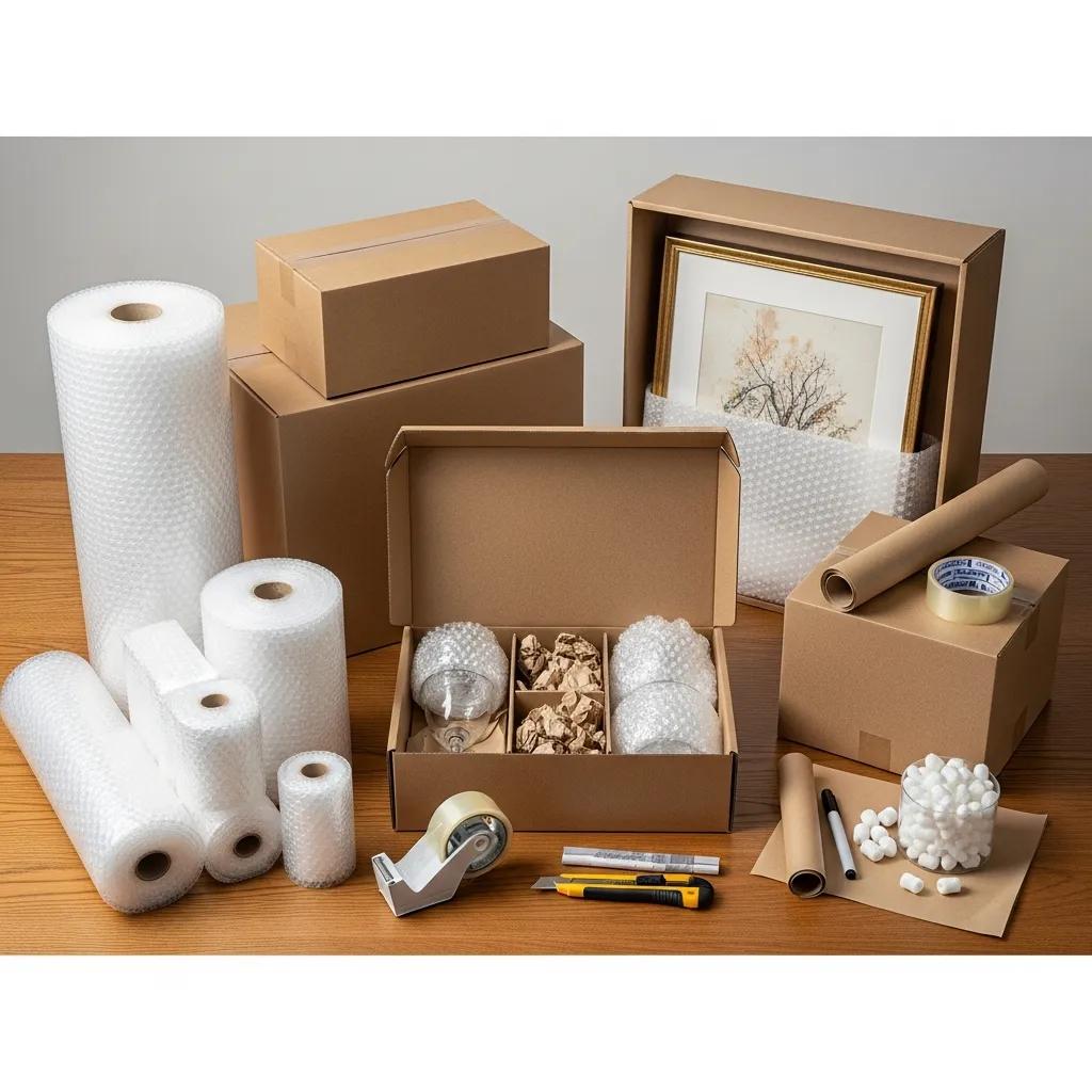Packing supplies for fragile items, including bubble wrap, boxes, packing tape, and cushioning materials, arranged on a table for effective packing and protection during a move.