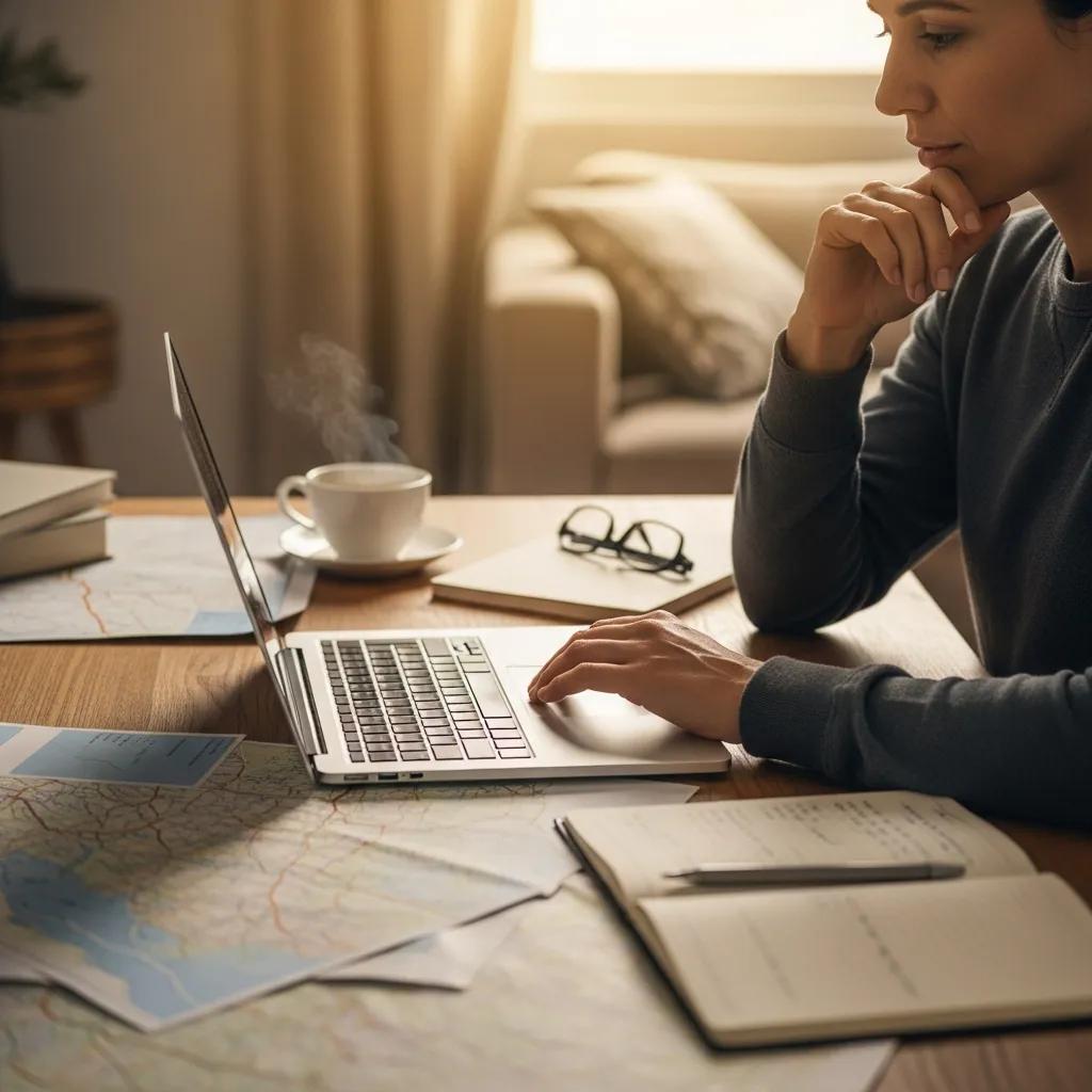 Person researching a new state for moving, using a laptop with maps and notes on a desk, coffee cup nearby, emphasizing preparation for relocation.