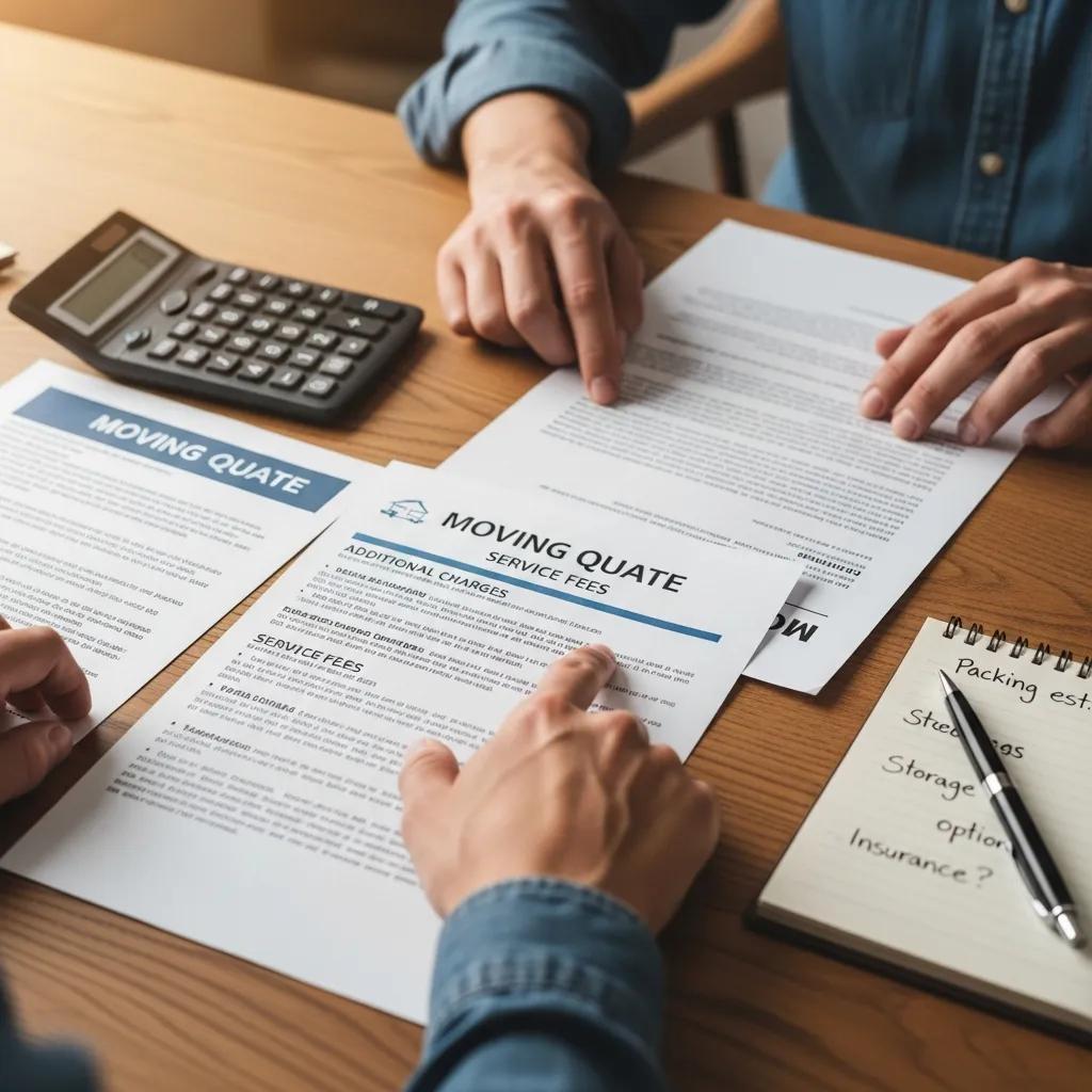 Person reviewing moving quotes with a calculator and notepad, focusing on service fees and additional charges, emphasizing the importance of understanding pricing structures.