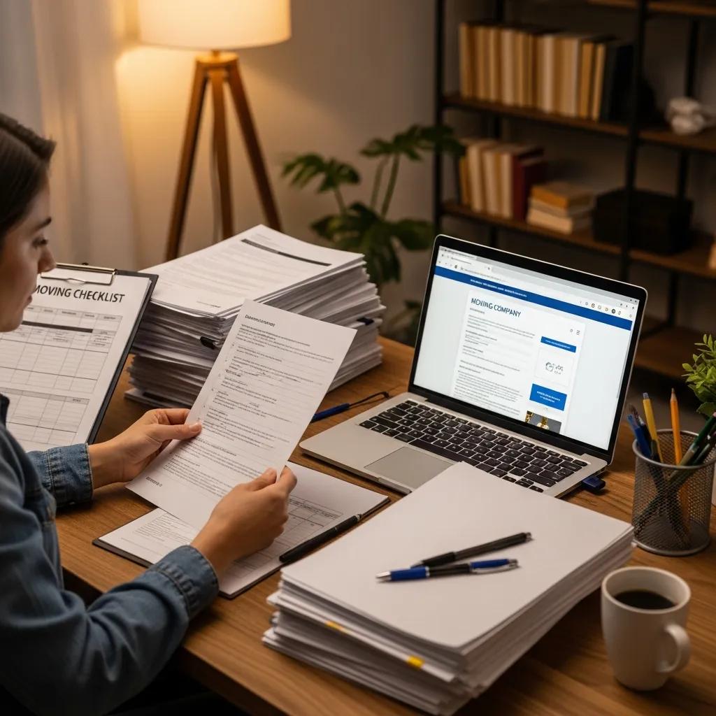Person reviewing moving company documents and checklist on a laptop, surrounded by stacks of paperwork and a coffee cup, illustrating the process of verifying mover credentials and insurance.