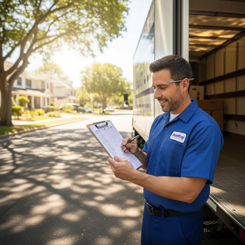 Professional mover inspecting inventory checklist in suburban neighborhood, ensuring compliance for interstate relocation.