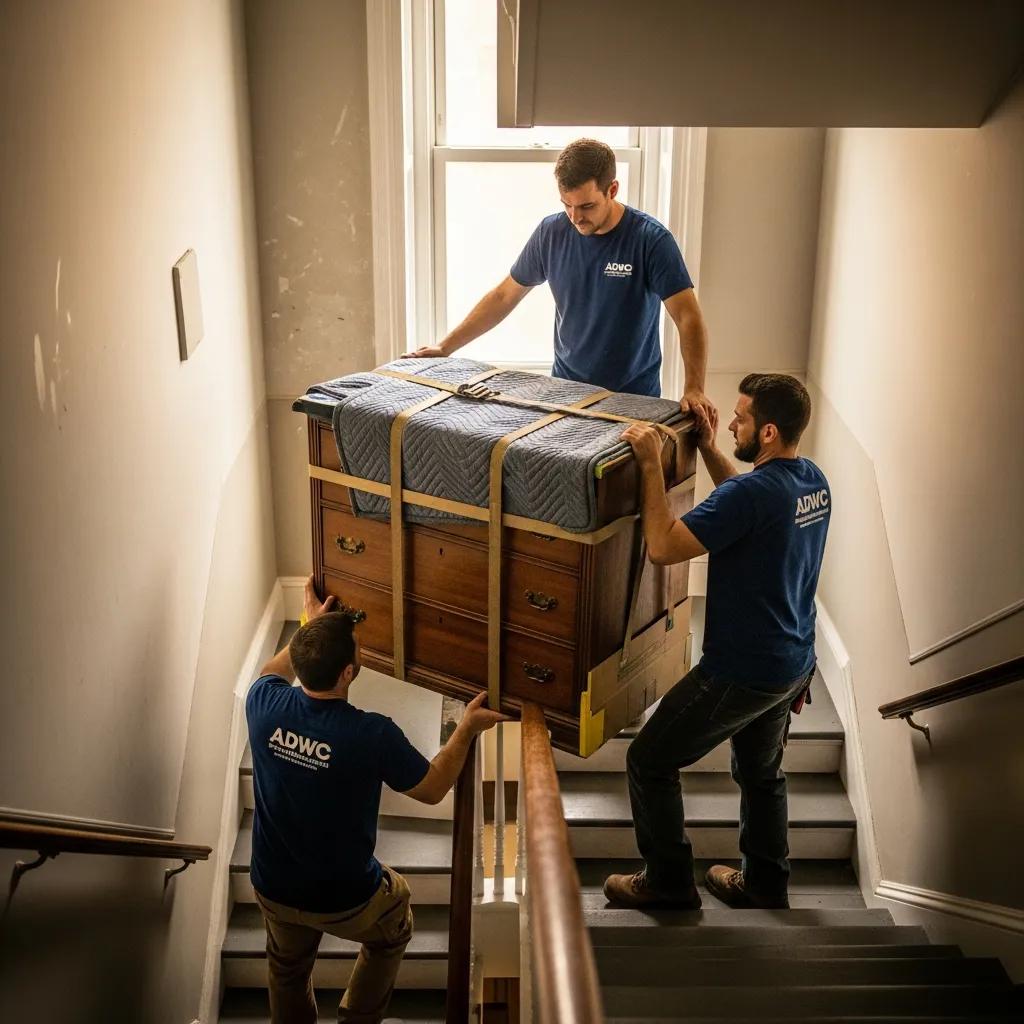 Professional movers carefully handling furniture on a narrow staircase, demonstrating reliability and expertise