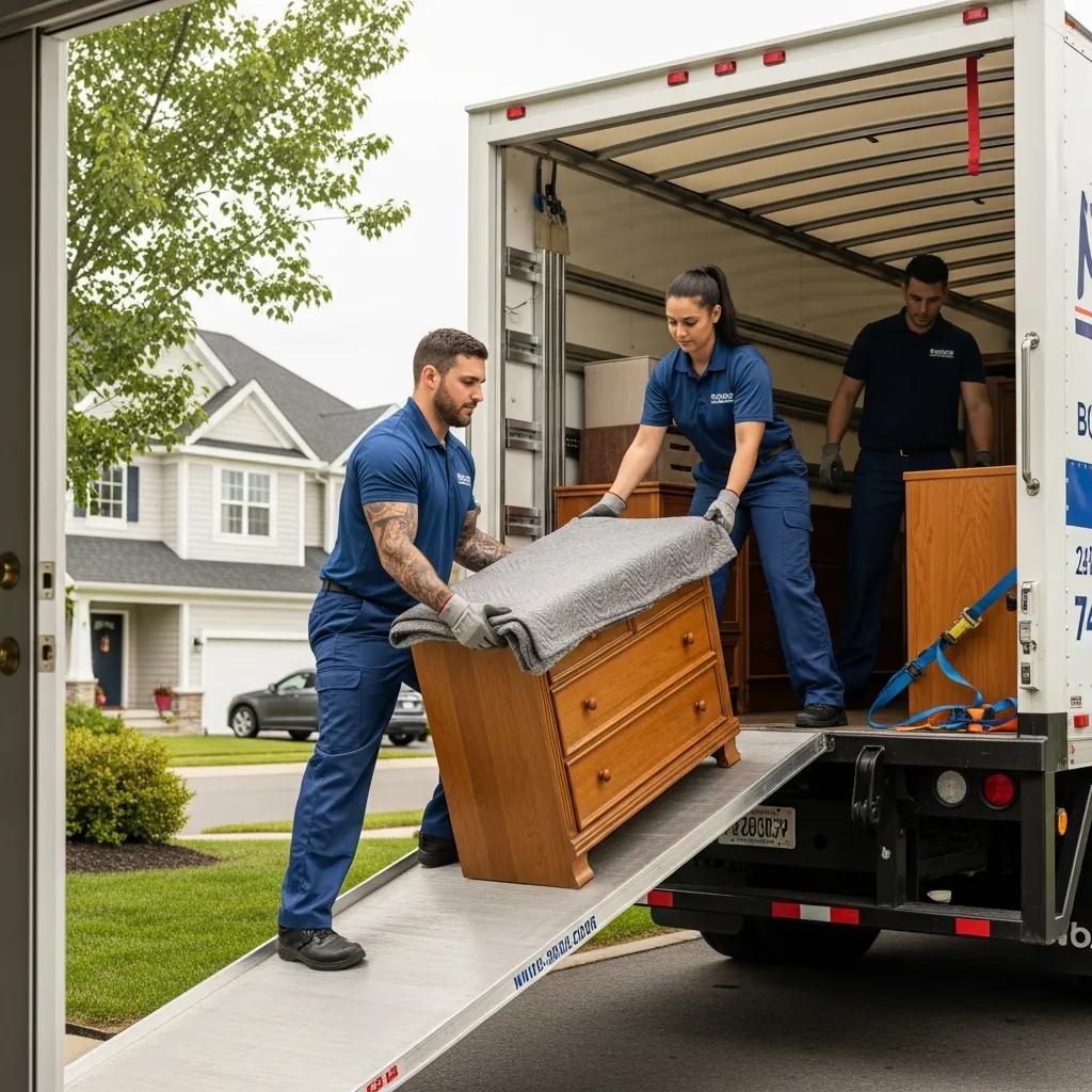 Professional movers efficiently relocating furniture into a truck in a suburban neighborhood