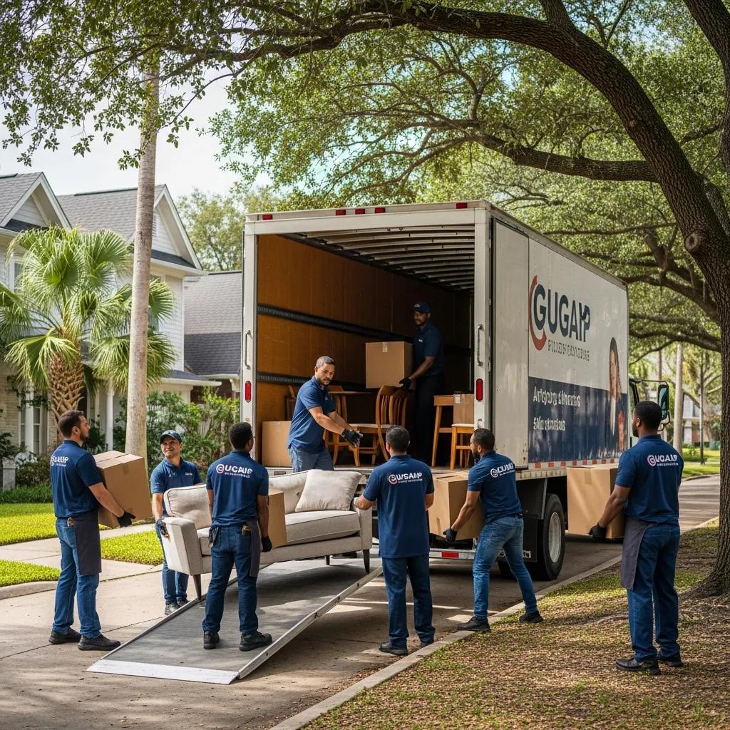 Professional movers loading furniture into a truck in a Houston neighborhood, showcasing local moving services