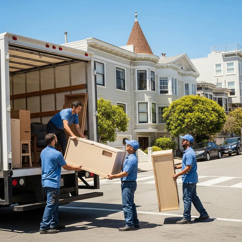 Professional movers loading furniture into a truck in a San Francisco neighborhood